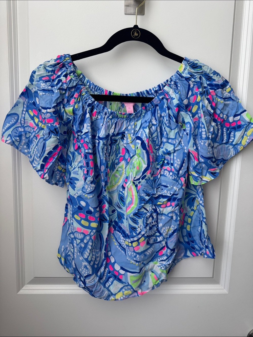 Lilly Pulitzer Blue Patterned Off-Shoulder Top with Neon Accents